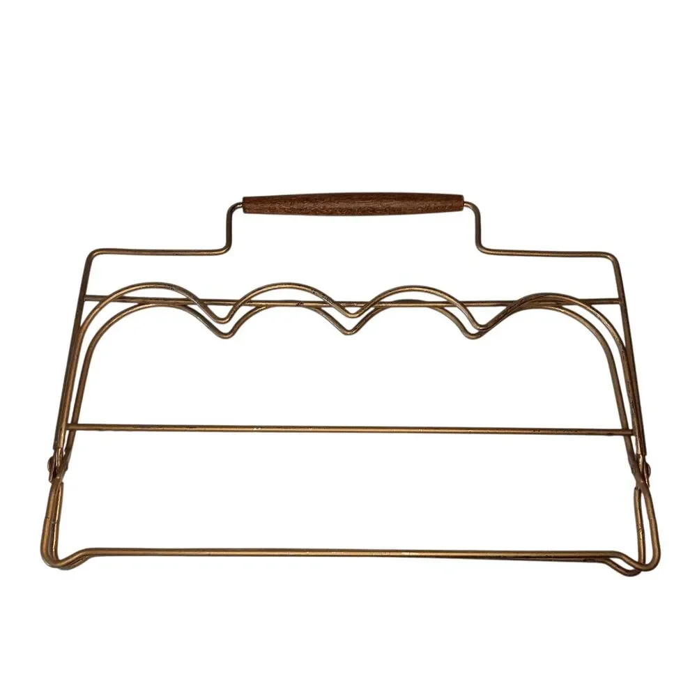 Vintage Mid-century Modern Gold Metal 8 Glass Holder Caddy Wooden Handle